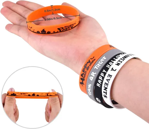 Vista 3 de FEPITO Pulsera de silicona para Halloween, 7 patrones clásicos de Halloween, pulseras de goma para Halloween, regalos de truco o trato, rellenos