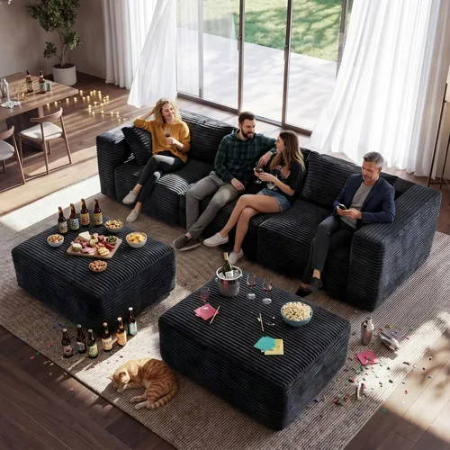 Vista 8 de Sofá modular sin hueso de 110 pulgadas con 2 otomanas, sofá en forma de U para sala de estar, sofá de piso de pana de asiento profundo, no requiere