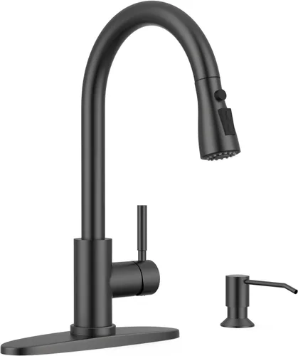 WEWE Grifo de cocina con dispensador de jabón y rociador extraíble, grifo clásico de acero inoxidable de 3 modos para autocaravana, negro mate