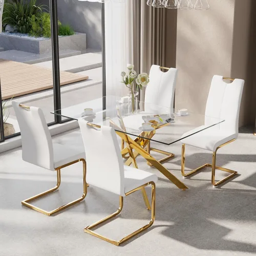 Vista 26 de Juego de mesa de comedor de 5 piezas para 4, mesa rectangular moderna de cristal con 4 sillas tapizadas de cuero, juegos de mesa y sillas de comedor