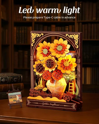 Vista 5 de Rompecabezas 3D de madera Wowood para adultos - Kits de construcción de modelos DIY Van Gogh Girasol Dorado con luz LED - Decoración del hogar, arte