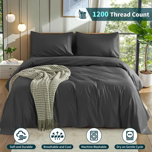 Vista 4 de LBRO2M Juego de sábanas de 100% algodón de 1200 hilos, tamaño matrimonial, bolsillo profundo de 16 pulgadas, juego de sábanas de 4 piezas