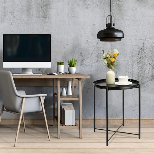 Vista 2 de danpinera Metal Black Side Table for Small Spaces Outdoor Patio Table Round Metal Coffee Table Waterproof Removable Tray Table for Living Room