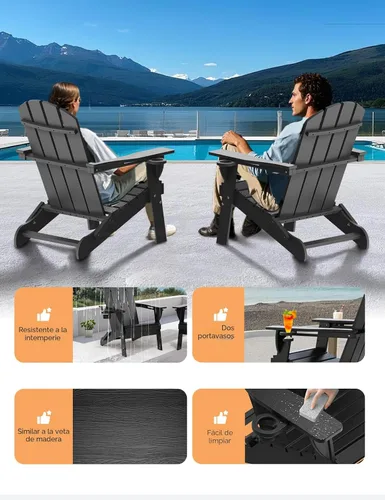 Vista 4 de Silla Adirondack Plegable, Sillas Adirondack de Plástico con Textura de Madera con 2 Portavasos, Silla para Hoguera de HDPE Resistente a