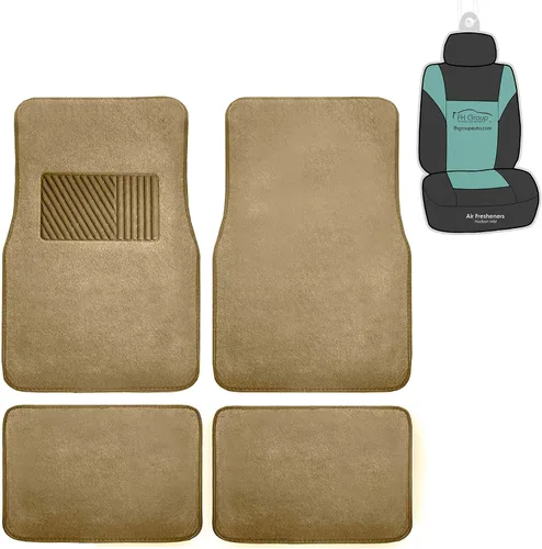 FH Group Alfombrillas de coche – Ajuste universal combo de funda de asiento de coche pequeño, alfombrillas de piso beige protector de alfombra para