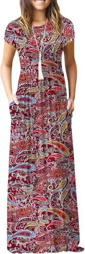 EUOVMY - Vestido largo y liso para mujer, de manga corta, holgado, con bolsillos, vestido informal