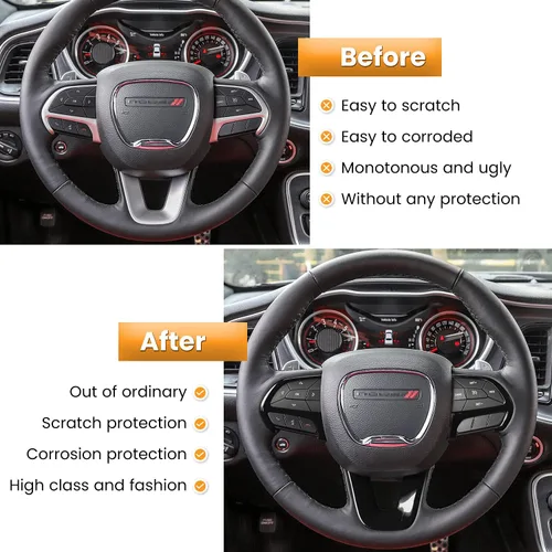 Vista 4 de Kit de decoración de accesorios interiores para cubierta de volante para Dodge Challenger Charger 2015-2024, para Dodge Durango y Jeep Grand Negro