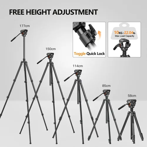 Vista 8 de COMAN Trípode con cabeza fluida para videocámara DSLR, monopié trípode de cámara con panorámica de 360° y +90°/-70° de inclinación, nueva cabeza