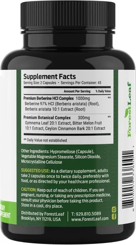 Vista 8 de ForestLeaf Suplemento de berberina - 1300 mg por porción - HCl de berberina de ultra alta potencia con canela de Ceilán, melón amargo y gimnema