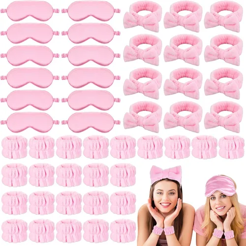 Xtinmee 48 piezas de diademas de spa para fiestas de pijamas, suministros de fiesta de pijamas, máscara de ojos rosa para niñas y mujeres cumpleaños
