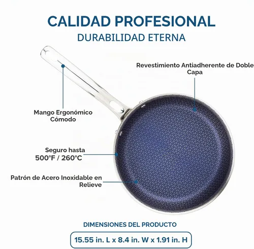 Vista 6 de Viking Sartén antiadherente de 3 capas, 10 pulgadas de acero inoxidable híbrido plus para cocina, plateado