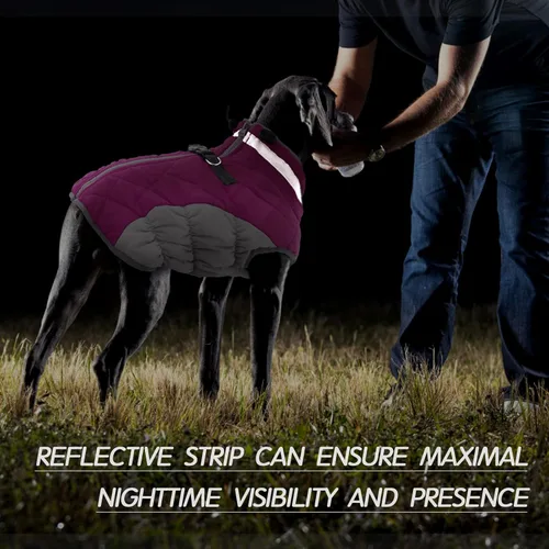 Vista 5 de FUAMEY - Abrigo para perro, chaqueta cálida de invierno, acolchada, chaleco reflectante con arnés, chaqueta de nieve impermeable con cremallera, a