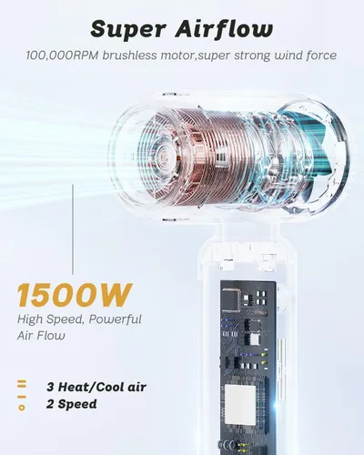 Vista 7 de Secador de pelo de viaje de doble voltaje, mini secadora de alta velocidad para secado rápido, secador de pelo iónico con difusor de regalo