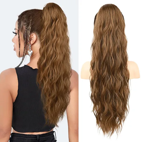 Vista 10 de FLUFYMOOZ Extensión de cola de caballo de 22 pulgadas, extensiones de cabello sintético ondulado largo y rizado para mujer