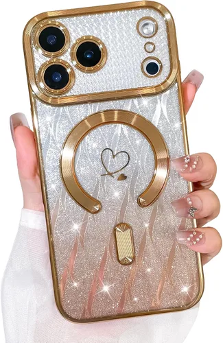 Vista 28 de Bonoma Funda con Purpurina Magnética para iPhone 16 Pro Max [Compatible con MagSafe], Funda Transparente Brillante de Lujo con Patrón de Corazones