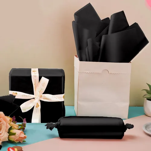 Vista 5 de 50 hojas de papel de seda negro para bolsas de regalo, papel de seda negro a granel para bodas, cumpleaños, proyectos de bricolaje, Halloween