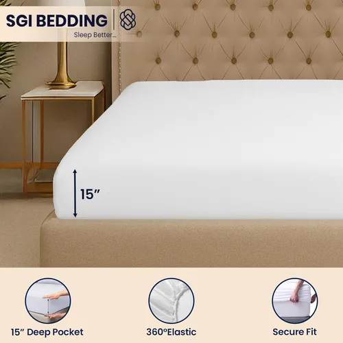 Vista 7 de SGI bedding 108 pulgadas de ancho x 108 pulgadas de largo, 1 sábana bajera ajustable tamaño King de Alaska, 100% algodón egipcio, 600 hilos que se