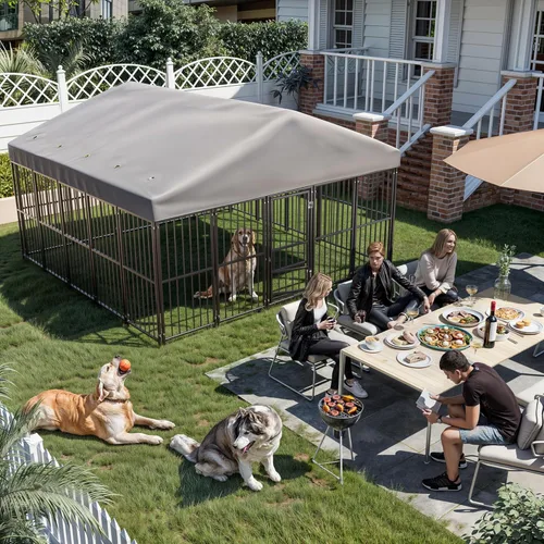 Vista 8 de Perrera grande para perros exterior de 10 x 10 pies, jaula resistente con puerta de alimentación, corrida de perro al aire libre con techo