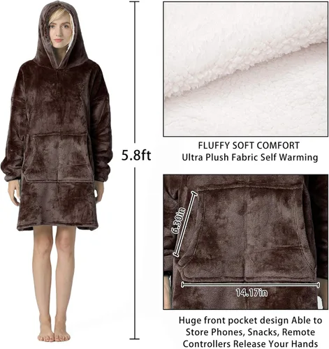 Vista 4 de Wearable Blanket, Oversized Sherpa Fleece Sweatshirt Blanket Hoodie with Giant Pocket and Sleeves for Women,Teens (33 Inch Brown)