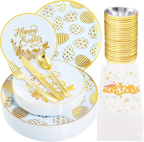 Morejoy 175 platos de plástico de Pascua, platos de plástico azules desechables azul hielo incluyen 25 platos llanos, 25 platos de postre, 25 tazas,