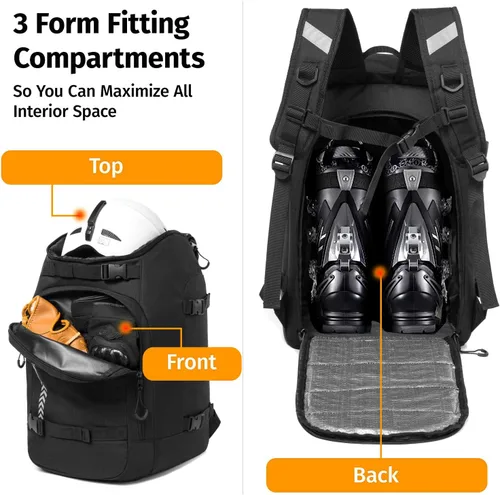 Vista 5 de Bolsa para botas de esquí, 50L/70L, impermeable, mochila de viaje para botas de snowboard, casco de esquí, gafas, guantes, esquís, snowboard y Negro