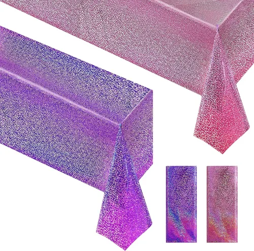 Vista 52 de 2 manteles plateados holográficos brillantes con láser de disco, manteles de plástico iridiscente de 40" x 108", funda de mesa blanca