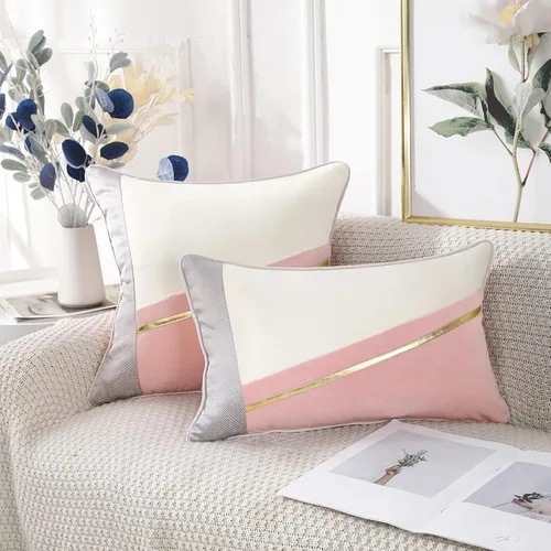 Vista 2 de PANOD Funda de almohada de terciopelo similar a la seda con funda de cojín de cuero a rayas doradas, funda de almohada cuadrada de lujo moderna