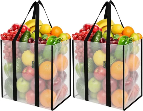 Vista 11 de BALEINE Paquete de 2 bolsas de comestibles reutilizables con parte inferior reforzada, bolsas plegables resistentes (follaje antiguo)