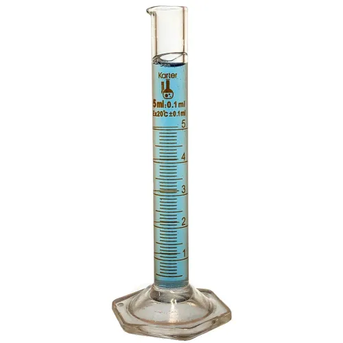 Cilindro graduado de 5 ml, vidrio de borosilicato 3.3, escala métrica única, Clase B, Karter Scientific 233A2 (Individual)