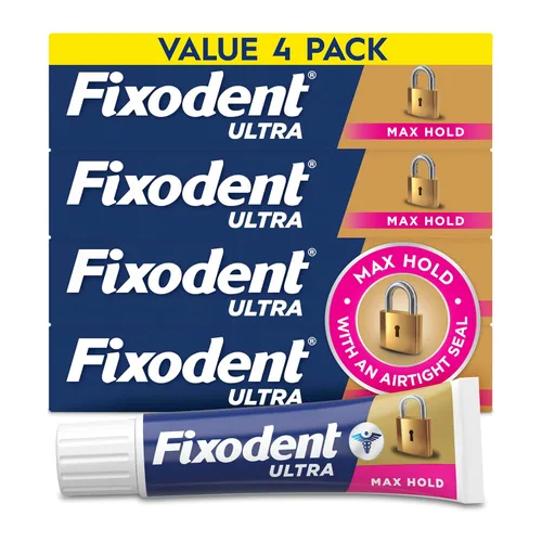 Fixodent Ultra Max Hold Secure - Crema adhesiva para dentaduras postizas completas y parciales, 2.2 onzas (paquete de 4)