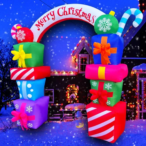 Vista 4 de SEASONBLOW - Arco inflable de cajas de regalo de Navidad de 8 pies con caramelos, decoración de "Merry Christmas" con luces LED iluminadas