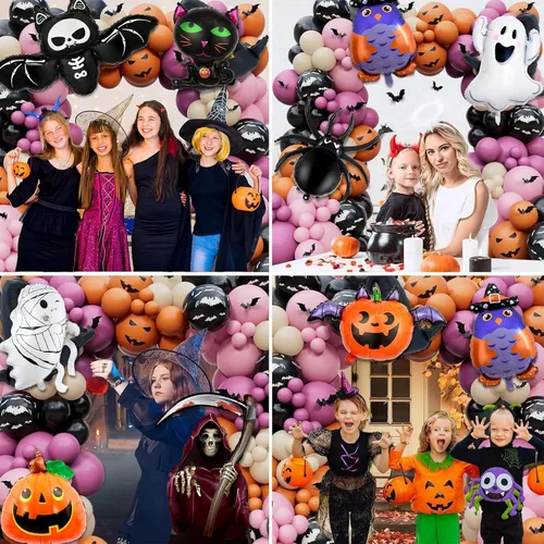 Vista 6 de Juego de 9 globos de Feliz Halloween, fantasma, araña, murciélago, calabaza, gato negro, globos de aluminio para decoraciones de fiesta de Halloween