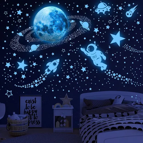Estrellas que brillan en la oscuridad para techo, calcomanías de pared del planeta del espacio exterior que brillan en la oscuridad, calcomanía de