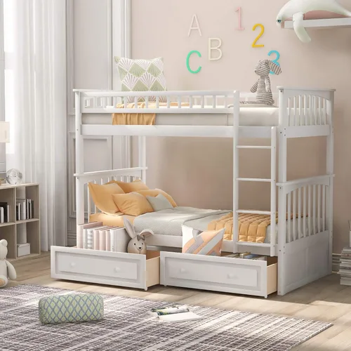 Vista 97 de Harper & Bright Designs Litera de tamaño matrimonial sobre matrimonial con 3 cajones, litera de madera maciza con almacenamiento y riel de Gris