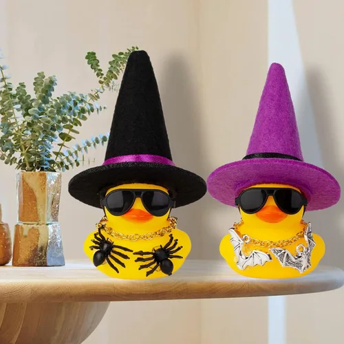 Vista 7 de Paquete de 2 patos de Halloween para automóvil, decoraciones de tablero de automóvil con mini sombrero de bruja, lentes de sol, accesorios