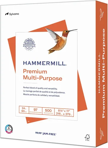 Hammermill Papel para Impresora, Papel Multiusos Premium 24 lb, 8.5 x 11 - 1 Resma (500 Hojas) - 97 Bright, Fabricado en EE.UU., 105810R