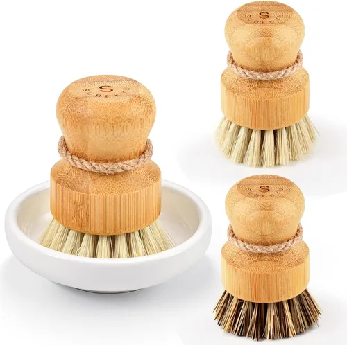 Vista 11 de SUBEKYU Juego de cepillos de bambú para platos con soporte para jabón, limpiador de platos de madera con dispensador de jabón, cepillo natural