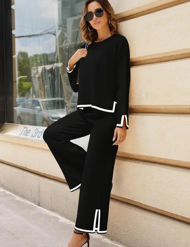 Vista 5 de Tanming Conjuntos de 2 piezas para mujer, suéter de punto de manga larga, pantalones de pierna ancha, conjuntos de ropa deportiva