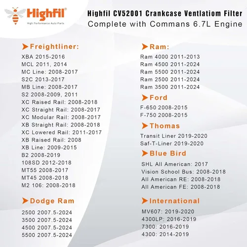 Vista 3 de Highfil CV52001 6.7 Cummins Filtro de ventilación del cárter para Dodge Ram 2500 3500 4500 5500 6.7L ISB Diesel Engine Crankcase Breather Element