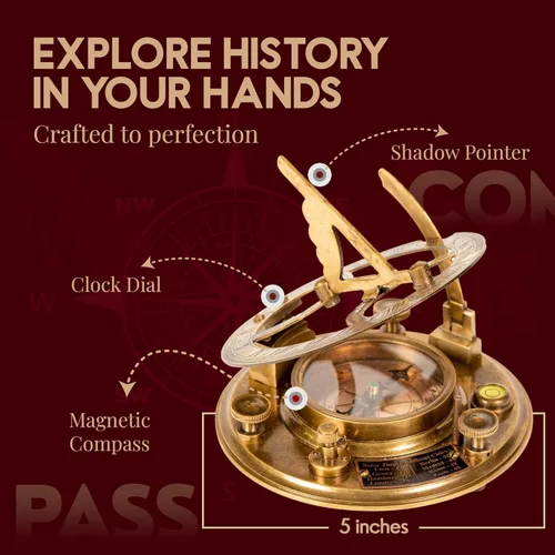 Vista 4 de Brújula grande de reloj de sol de 5 pulgadas con caja de madera de palisandro, reloj de reloj de sol de latón antiguo steampunk perfectamente
