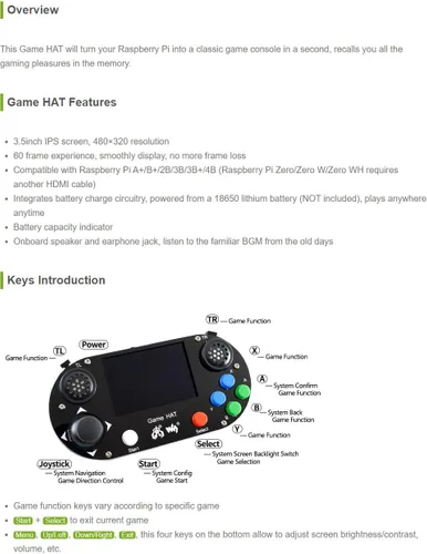 Vista 3 de Waveshare Sombrero de juego, compatible con Raspberry Pi 4B/3B/3B+/Zero/Zero W/Zero WH, consola de juegos retro con pantalla IPS de 3.5 pulgadas