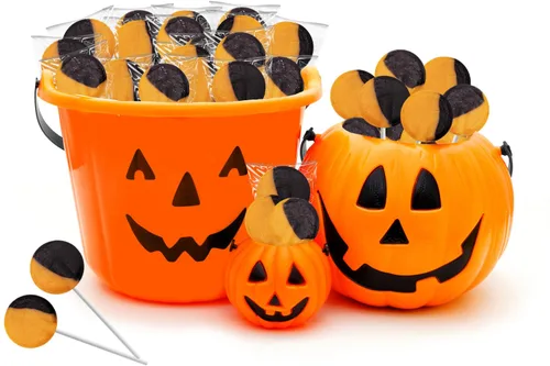 Vista 3 de Fruidles Paleta plana naranja y negra, ideal para rellenar bolsas de golosinas de Halloween, envueltas individualmente (media libra)