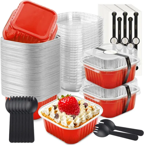 Vista 18 de 50 Piezas Mini Tazas Cuadradas para Hornear con Tapas y Cucharas Moldes de Lámina de Aluminio Mini para Pasteles con Tapas Moldes Desechables