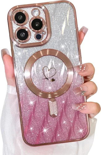 Vista 14 de Bonoma Funda con Purpurina Magnética para iPhone 16 Pro Max [Compatible con MagSafe], Funda Transparente Brillante de Lujo con Patrón de Corazones