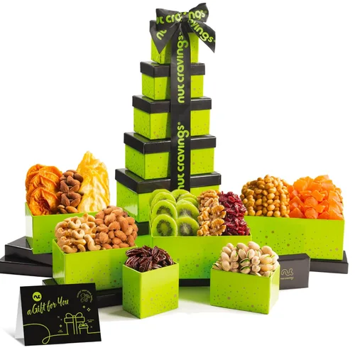 Vista 16 de NUT CRAVINGS - Cesta de regalo para el día de la madre, frutas secas y frutos secos mixtos, torre roja + cinta de corazón (12 surtidos), arreglo