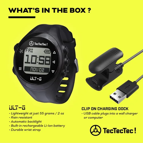 Vista 3 de TecTecTec ULT-G - Reloj de golf GPS elegante, ligero y multifuncional, con correa de muñeca duradera y pantalla LCD, campos precargados en todo
