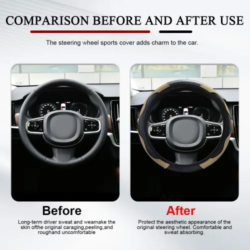 Vista 6 de Funda para volante de automóvil, 15 pulgadas, fibra de carbono, microfibra de cuero PU elástico, protector para volante, accesorios universales