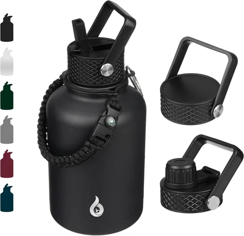 Vista 114 de BJPKPK - Botellas de agua aisladas con tapa de popote, botella de agua de acero inoxidable de 27 onzas con 3 tapas, termo de metal sin BPA a prueba