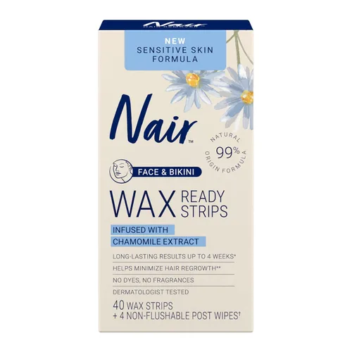 Nair Tiras de cera para depilación sensible, tiras de cera para depilación facial y bikini, 40 unidades