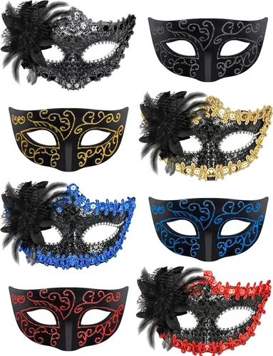 Vista 8 de SIQUK Juego de 8 máscaras para parejas, máscara veneciana para disfraz